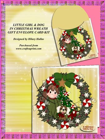 Little Girl & Dog in Xmas Wreath Gift Envelope Card Kit