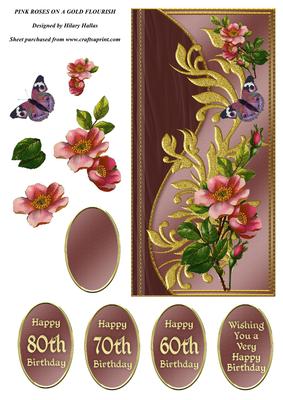 Pink Roses on a Gold Flourish