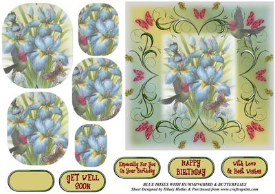 Blue Irises with Hummingbird & Butterflies