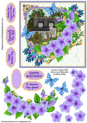 Country Cottage with Flowers & Butterflies