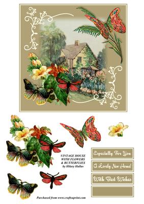 Vintage House with Flowers & Butterflies
