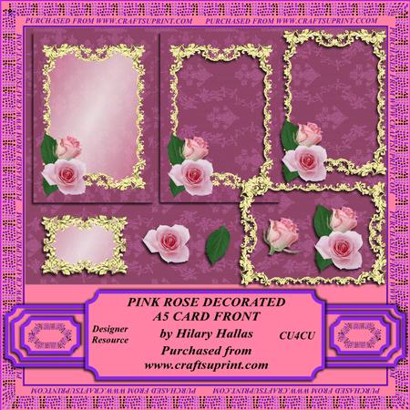Pink Rose Decorated A5 Card Front Designer Resource Kit