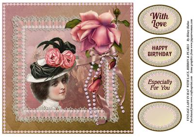 Vintage Lady in Hat with Lace Ribbon & Pearls
