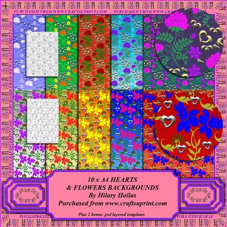 10 x A4 Hearts & Flowers Backgrounds