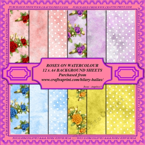 Roses on Watercolour 12 x A4 Background Sheets
