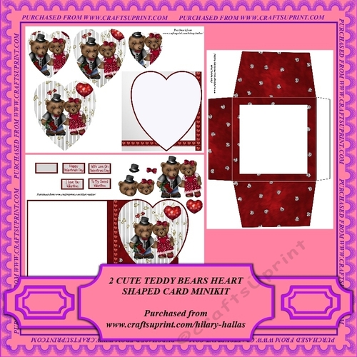 Two Cute Teddy Bears Heart Shaped Card Minikit