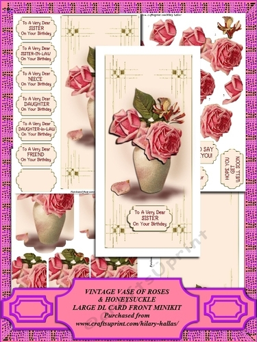 Vintage Vase Of Roses & Honeysuckle Large DL Card Front Minikit