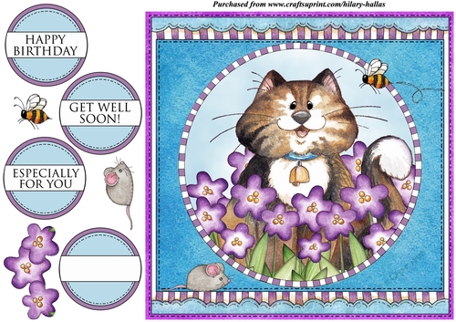 Smiley Cat With Purple Flowers