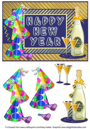 Happy New Year Champagne & Party Hats