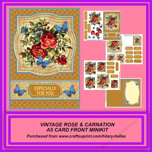 Vintage Rose & Carnation Bouquet A5 Card Front Minikit