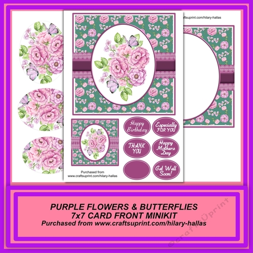 Purple Flowers & Butterflies 7x7 Card Front Minikit