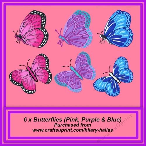 6 x Butterflies Pink Purple & Blue