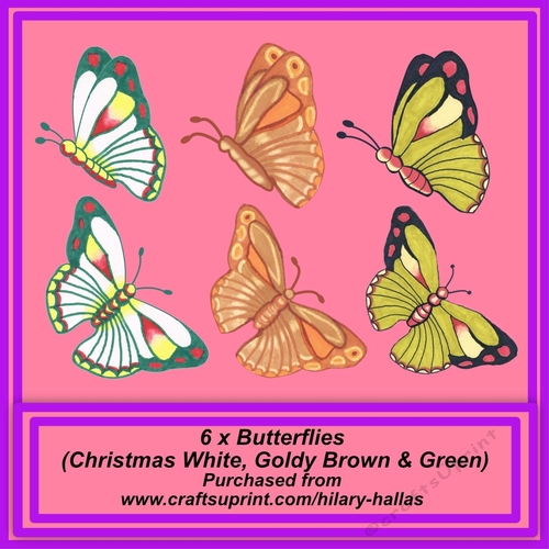 6 x Butterflies Christmas White, Goldy Brown & Green