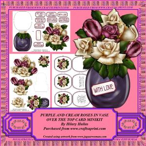 Purple & Cream Roses in Vase Over the Top Card Minikit