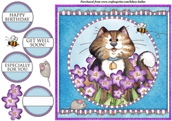 Smiley Cat With Purple Flowers