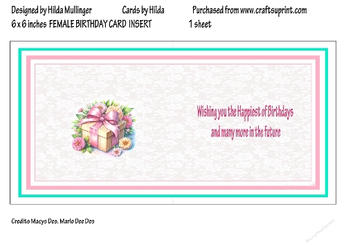 6 x 6 inches FEMALE BIRTHDAY CARD INSERT