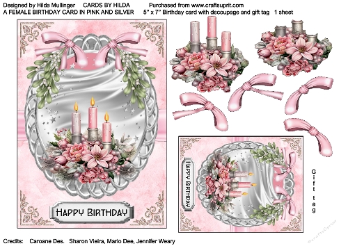 A FEMALE BIRTHDAY CARD IN PINK AND SILVER