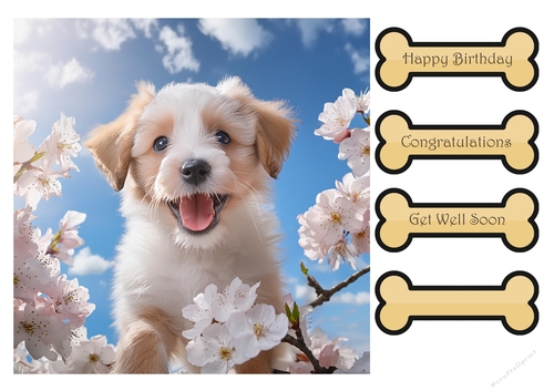 Cute dog looking through flowers