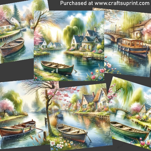 Boat on a spring river CARD FRONTS