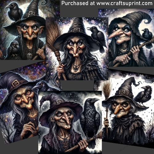 Witch with broom and crow CARD FRONTS