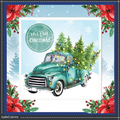 Watercolor Christmas Blue Truck