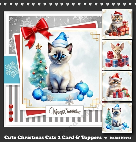 Cute Christmas Cats 2 ~ Card & Topper Set