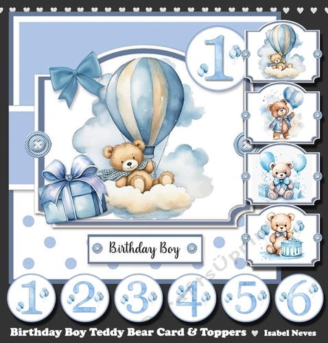 Birthday Boy Teddy Bear Card & Toppers Set