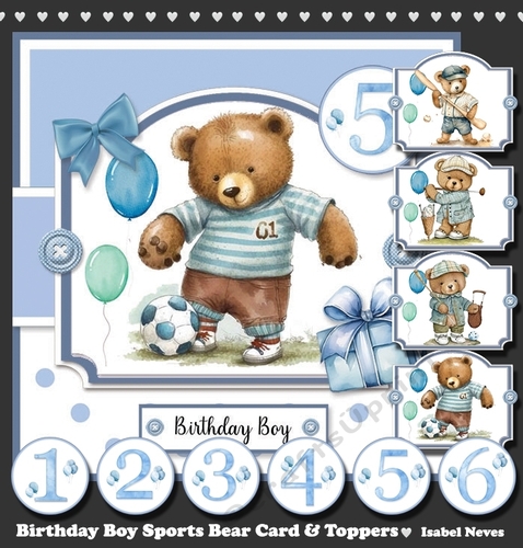 Birthday Boy Sports Bear Card & Toppers Set