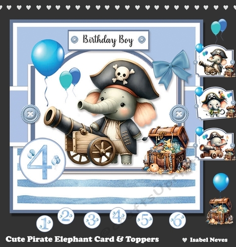 Cute Pirate Elephant Card & Toppers Set