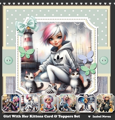 Girl With Her Kittens Card & Toppers Set