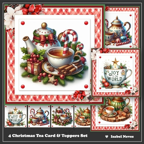 4 Christmas Tea Cards & Toppers Set