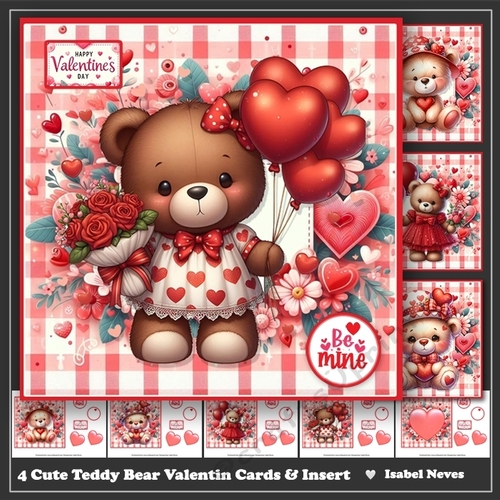 4 Cute Teddy Bear Valentine Day Card Set