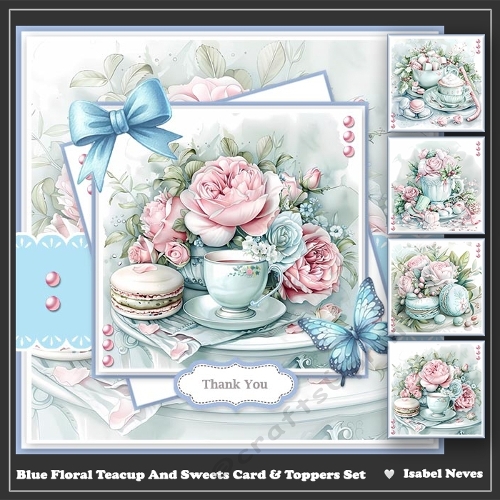 Blue Floral Teacups And Sweets Card And Toppers Set
