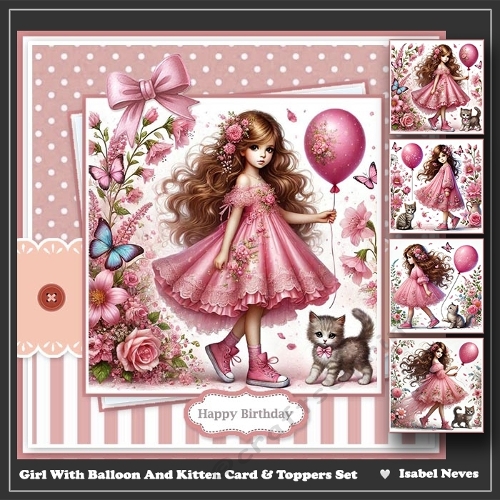 Girl With Balloon And Kitten Card & Toppers Set