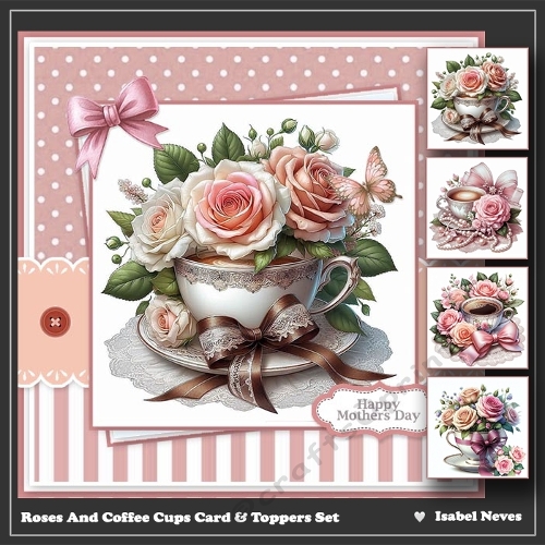 Roses And Coffee Cups Card & Toppers Set
