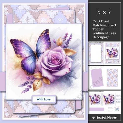 5x7 ~ Purple And Gold Rose Butterfly Wishes