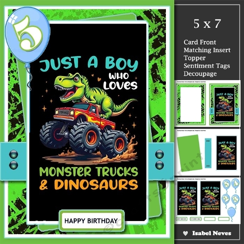 5x7 ~ Monster Trucks And Dinosaurs Birthday Boy 2 t0 5