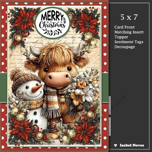 5x7 ~ Festive Highland Cow And Snowman