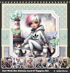 Girl With Her Kittens Card & Toppers Set