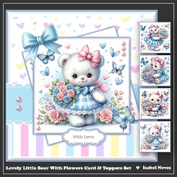 Lovely Little Bear With Flowers Card & Toppers Set