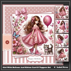Girl With Balloon And Kitten Card & Toppers Set