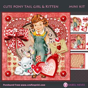 Cute Ponytail Girl and Kitten Valentine