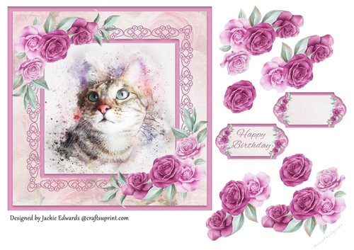 Watercolour Kitten with Roses