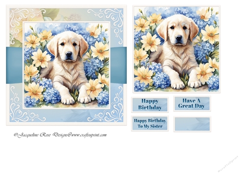 Dog with yellow And Blue Flowers