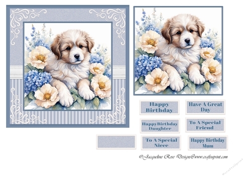 Dog With Blue & Cream Flowers