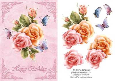 Roses and Butterflies Card Front in Pink