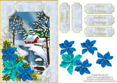 Snowy Cottage Framed with Poinsettias