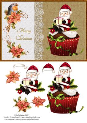 Christmas Cupcake Robin and Poinsettia