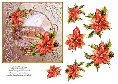 Christmas Cottage Scene with Poinsettias