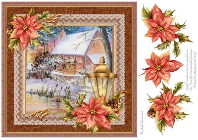 Christmas Cottage Scene Lace and Poinsettias